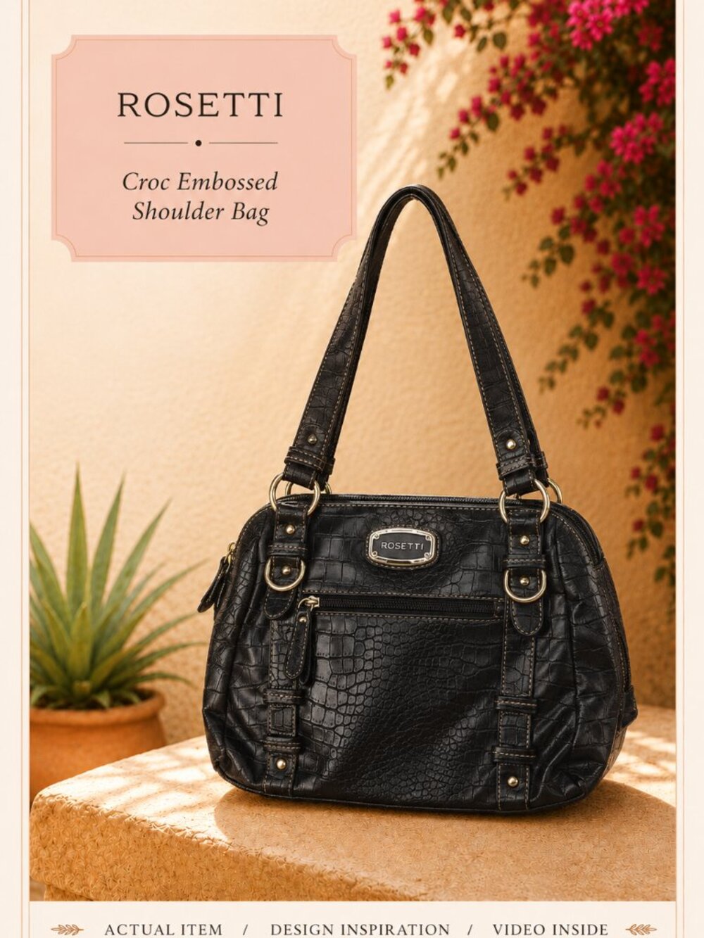 Black Croc Embossed Shoulder Bag Y2K Nostalgia Early Aughts Cop-Core Rosetti